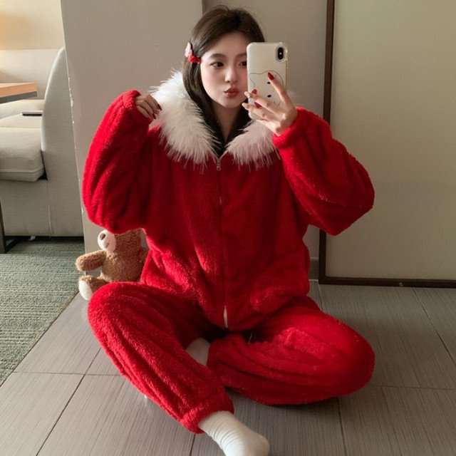 Women's Thick Plush Winter Pajamas Set with Soft Fleece, Hooded, Zipper, Solid Color, Suitable for Outerwear Sizes: M, L, XL