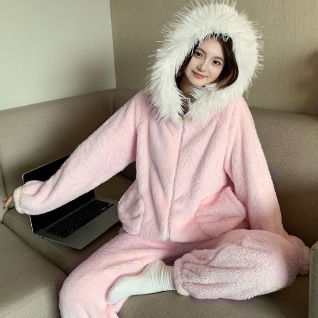 Women's Thick Plush Winter Pajamas Set with Soft Fleece, Hooded, Zipper, Solid Color, Suitable for Outerwear Sizes: M, L, XL